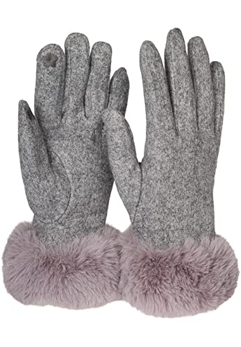 styleBREAKER Damen Touchscreen Handschuhe Einfarbig mit Kunstfell Besatz, warme Fingerhandschuhe, Winter 09010038, Farbe:Grau von styleBREAKER