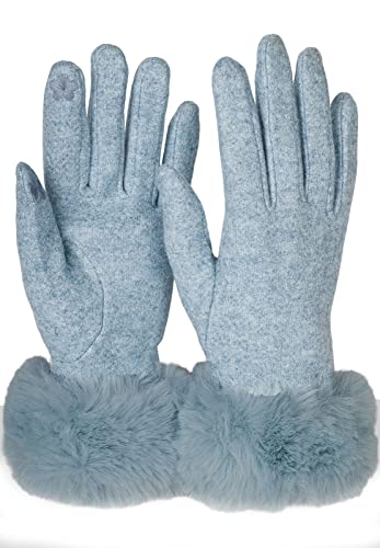 styleBREAKER Damen Touchscreen Handschuhe Einfarbig mit Kunstfell Besatz, warme Fingerhandschuhe, Winter 09010038, Farbe:Hellblau von styleBREAKER