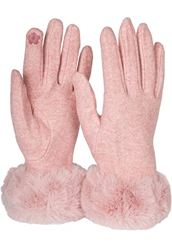styleBREAKER Damen Touchscreen Handschuhe Einfarbig mit Kunstfell Besatz, warme Fingerhandschuhe, Winter 09010038, Farbe:Rose von styleBREAKER