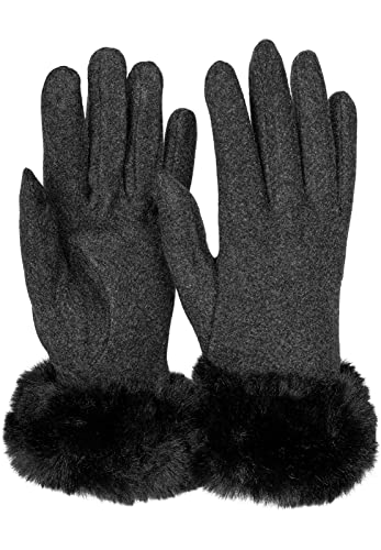 styleBREAKER Damen Touchscreen Handschuhe Einfarbig mit Kunstfell Besatz, warme Fingerhandschuhe, Winter 09010038, Farbe:Schwarz von styleBREAKER