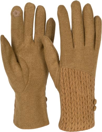 styleBREAKER Damen Touchscreen Handschuhe Einfarbig mit Zopfmuster und Knöpfen, warme Fingerhandschuhe, Winter 09010041, Farbe:Braun von styleBREAKER