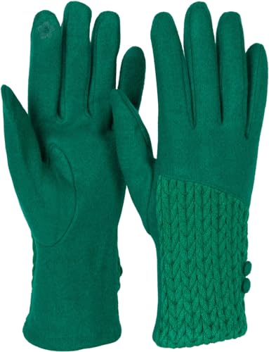 styleBREAKER Damen Touchscreen Handschuhe Einfarbig mit Zopfmuster und Knöpfen, warme Fingerhandschuhe, Winter 09010041, Farbe:Grün von styleBREAKER