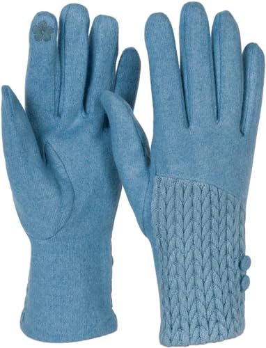 styleBREAKER Damen Touchscreen Handschuhe Einfarbig mit Zopfmuster und Knöpfen, warme Fingerhandschuhe, Winter 09010041, Farbe:Hellblau von styleBREAKER