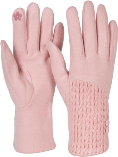 styleBREAKER Damen Touchscreen Handschuhe Einfarbig mit Zopfmuster und Knöpfen, warme Fingerhandschuhe, Winter 09010041, Farbe:Rose von styleBREAKER