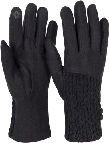 styleBREAKER Damen Touchscreen Handschuhe Einfarbig mit Zopfmuster und Knöpfen, warme Fingerhandschuhe, Winter 09010041, Farbe:Schwarz von styleBREAKER