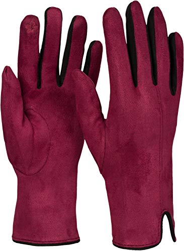 styleBREAKER Damen Touchscreen Handschuhe mit Farbkontrast und Fleece Futter, warme Thermo Fingerhandschuhe, Winter 09010030, Farbe:Bordeaux-Rot von styleBREAKER