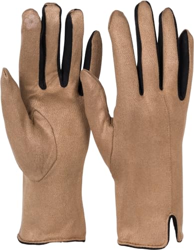 styleBREAKER Damen Touchscreen Handschuhe mit Farbkontrast und Fleece Futter, warme Thermo Fingerhandschuhe, Winter 09010030, Farbe:Taupe von styleBREAKER