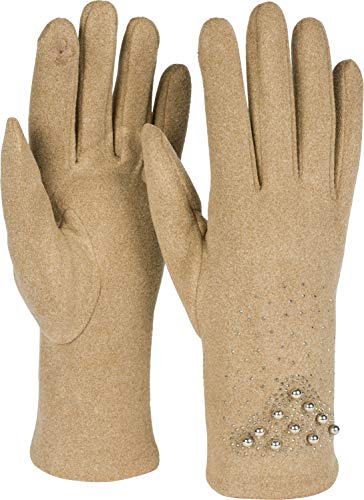 styleBREAKER Damen Touchscreen Handschuhe mit Strass und Perlen, Fleece Futter, warme Fingerhandschuhe, Winter 09010035, Farbe:Camel von styleBREAKER