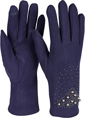 styleBREAKER Damen Touchscreen Handschuhe mit Strass und Perlen, Fleece Futter, warme Fingerhandschuhe, Winter 09010035, Farbe:Dunkelblau von styleBREAKER