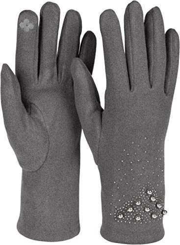 styleBREAKER Damen Touchscreen Handschuhe mit Strass und Perlen, Fleece Futter, warme Fingerhandschuhe, Winter 09010035, Farbe:Dunkelgrau von styleBREAKER