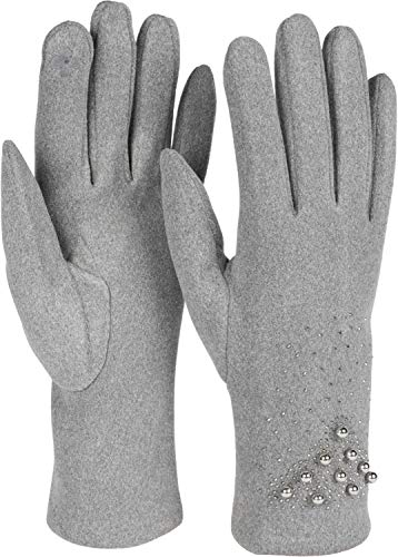 styleBREAKER Damen Touchscreen Handschuhe mit Strass und Perlen, Fleece Futter, warme Fingerhandschuhe, Winter 09010035, Farbe:Hellgrau von styleBREAKER