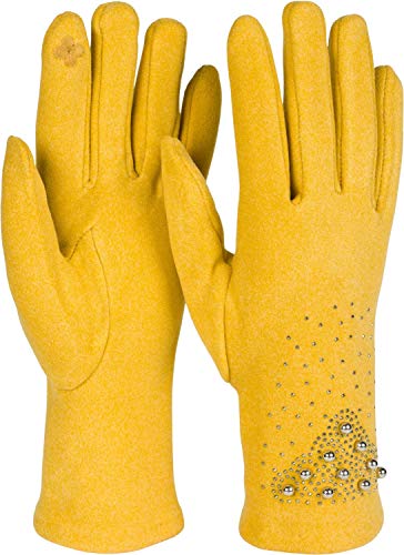 styleBREAKER Damen Touchscreen Handschuhe mit Strass und Perlen, Fleece Futter, warme Fingerhandschuhe, Winter 09010035, Farbe:Senf von styleBREAKER