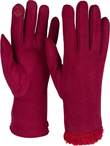 styleBREAKER Damen Touchscreen Handschuhe mit Teddyfell am Saum und Fleece Futter, warme Fingerhandschuhe, Winter 09010034, Farbe:Bordeaux-Rot von styleBREAKER