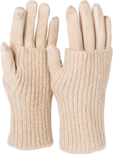 styleBREAKER Damen Touchscreen Stoff Handschuhe mit abnehmbaren Strick Stulpen, warme Fingerhandschuhe, Winter 09010022, Farbe:Beige von styleBREAKER