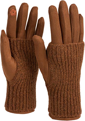 styleBREAKER Damen Touchscreen Stoff Handschuhe mit abnehmbaren Strick Stulpen, warme Fingerhandschuhe, Winter 09010022, Farbe:Cognac von styleBREAKER