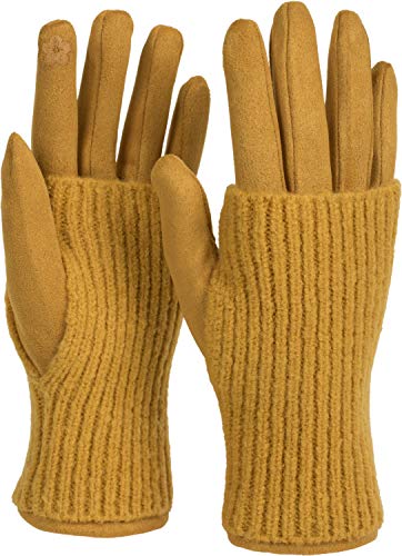 styleBREAKER Damen Touchscreen Stoff Handschuhe mit abnehmbaren Strick Stulpen, warme Fingerhandschuhe, Winter 09010022, Farbe:Curry von styleBREAKER