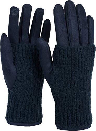 styleBREAKER Damen Touchscreen Stoff Handschuhe mit abnehmbaren Strick Stulpen, warme Fingerhandschuhe, Winter 09010022, Farbe:Dunkelblau von styleBREAKER