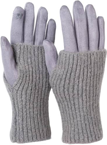 styleBREAKER Damen Touchscreen Stoff Handschuhe mit abnehmbaren Strick Stulpen, warme Fingerhandschuhe, Winter 09010022, Farbe:Hellgrau von styleBREAKER