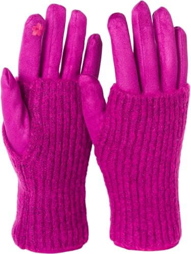 styleBREAKER Damen Touchscreen Stoff Handschuhe mit abnehmbaren Strick Stulpen, warme Fingerhandschuhe, Winter 09010022, Farbe:Magenta von styleBREAKER