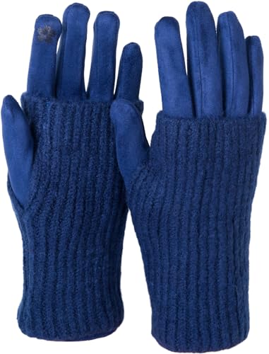 styleBREAKER Damen Touchscreen Stoff Handschuhe mit abnehmbaren Strick Stulpen, warme Fingerhandschuhe, Winter 09010022, Farbe:Navy von styleBREAKER