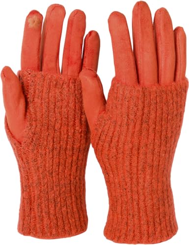 styleBREAKER Damen Touchscreen Stoff Handschuhe mit abnehmbaren Strick Stulpen, warme Fingerhandschuhe, Winter 09010022, Farbe:Orange von styleBREAKER