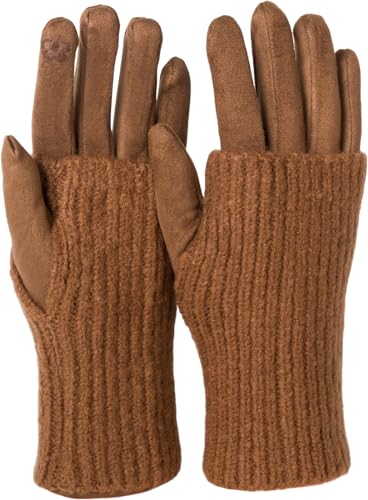 styleBREAKER Damen Touchscreen Stoff Handschuhe mit abnehmbaren Strick Stulpen, warme Fingerhandschuhe, Winter 09010022, Farbe:Schokobraun von styleBREAKER