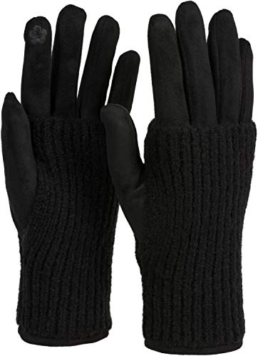 styleBREAKER Damen Touchscreen Stoff Handschuhe mit abnehmbaren Strick Stulpen, warme Fingerhandschuhe, Winter 09010022, Farbe:Schwarz von styleBREAKER