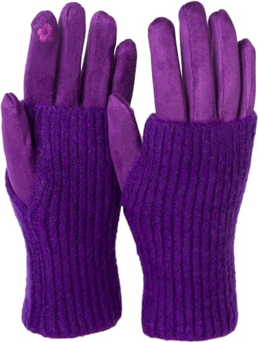 styleBREAKER Damen Touchscreen Stoff Handschuhe mit abnehmbaren Strick Stulpen, warme Fingerhandschuhe, Winter 09010022, Farbe:Violett von styleBREAKER