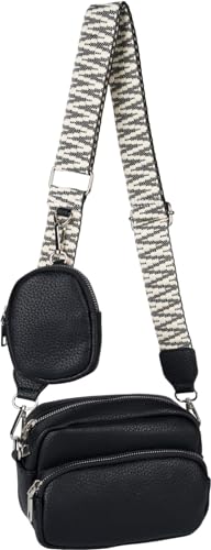 styleBREAKER Damen Umhängetaschen Set 2-Teilig, gemusterter Schultergurt und ovale Börse, Rechteckige Crossbody Bag Einfarbig 02012405, Farbe:Schwarz von styleBREAKER