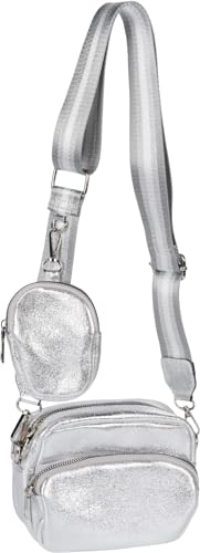 styleBREAKER Damen Umhängetaschen Set 2-Teilig, gemusterter Schultergurt und ovale Börse, Rechteckige Crossbody Bag Einfarbig 02012405, Farbe:Silber Metallic von styleBREAKER