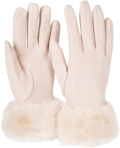 styleBREAKER Damen Unifarbene Touchscreen Stoff Handschuhe mit Kunstfell Besatz am Bund, warme Fingerhandschuhe Winter 09010028, Farbe:Beige von styleBREAKER