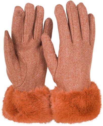 styleBREAKER Damen Unifarbene Touchscreen Stoff Handschuhe mit Kunstfell Besatz am Bund, warme Fingerhandschuhe Winter 09010028, Farbe:Cognac von styleBREAKER