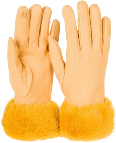 styleBREAKER Damen Unifarbene Touchscreen Stoff Handschuhe mit Kunstfell Besatz am Bund, warme Fingerhandschuhe Winter 09010028, Farbe:Curry von styleBREAKER