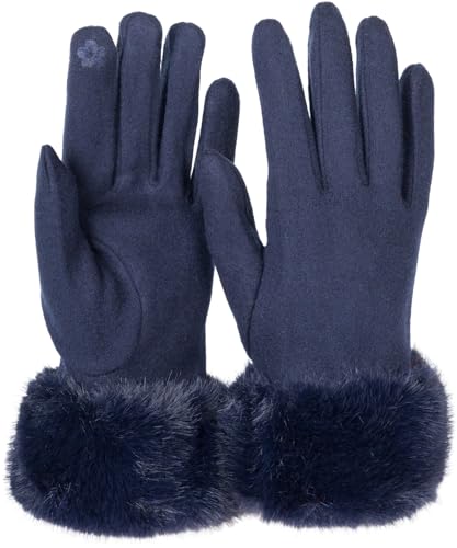 styleBREAKER Damen Unifarbene Touchscreen Stoff Handschuhe mit Kunstfell Besatz am Bund, warme Fingerhandschuhe Winter 09010028, Farbe:Dunkelblau von styleBREAKER