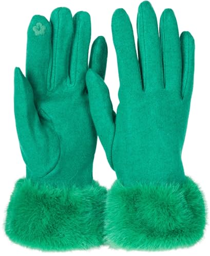 styleBREAKER Damen Unifarbene Touchscreen Stoff Handschuhe mit Kunstfell Besatz am Bund, warme Fingerhandschuhe Winter 09010028, Farbe:Grün von styleBREAKER