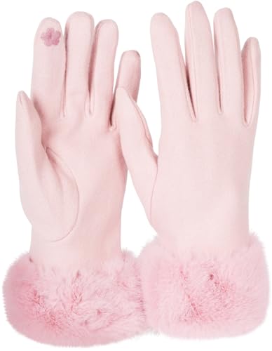 styleBREAKER Damen Unifarbene Touchscreen Stoff Handschuhe mit Kunstfell Besatz am Bund, warme Fingerhandschuhe Winter 09010028, Farbe:Rose von styleBREAKER