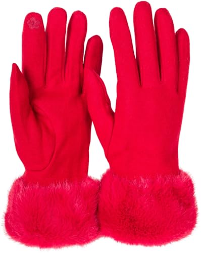 styleBREAKER Damen Unifarbene Touchscreen Stoff Handschuhe mit Kunstfell Besatz am Bund, warme Fingerhandschuhe Winter 09010028, Farbe:Rot von styleBREAKER