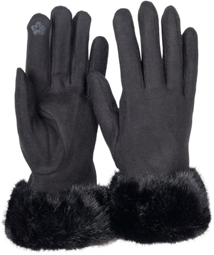 styleBREAKER Damen Unifarbene Touchscreen Stoff Handschuhe mit Kunstfell Besatz am Bund, warme Fingerhandschuhe Winter 09010028, Farbe:Schwarz von styleBREAKER