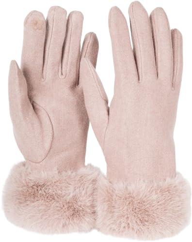 styleBREAKER Damen Unifarbene Touchscreen Stoff Handschuhe mit Kunstfell Besatz am Bund, warme Fingerhandschuhe Winter 09010028, Farbe:Taupe von styleBREAKER
