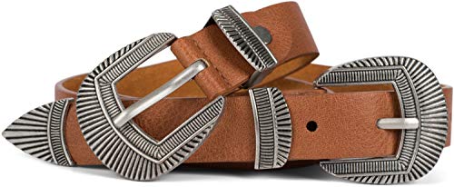 styleBREAKER Damen Vintage Gürtel mit doppelter verzierter Schnalle im Western Style, B-Low Belt, Taillengürtel, kürzbar 03010105, Größe:90cm, Farbe:Cognac von styleBREAKER