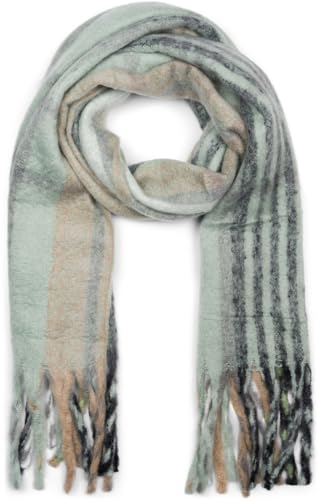 styleBREAKER Damen Web Strickschal mit Streifen Muster und langen dicken Fransen, warmer Winter Schal mehrfarbig 01017157, Farbe:Lindgrün-Schwarz-Beige von styleBREAKER