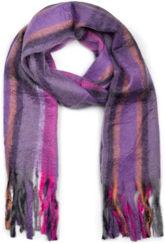 styleBREAKER Damen Web Strickschal mit Streifen Muster und langen dicken Fransen, warmer Winter Schal mehrfarbig 01017157, Farbe:Pink-Violett-Grau von styleBREAKER