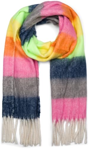 styleBREAKER Damen Web-Strickschal mit breiten bunten Streifen und dicken Fransen - Warmer Winter-Schal, mehrfarbig 01017160, Farbe:Neonpink-Grau-Dunkelblau-Gelb-Orange von styleBREAKER
