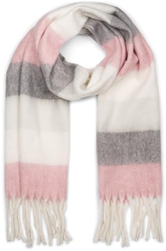 styleBREAKER Damen Web-Strickschal mit breiten bunten Streifen und dicken Fransen - Warmer Winter-Schal, mehrfarbig 01017160, Farbe:Rose-Grau-Weiß von styleBREAKER