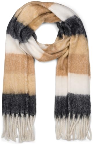 styleBREAKER Damen Web-Strickschal mit breiten bunten Streifen und dicken Fransen - Warmer Winter-Schal, mehrfarbig 01017160, Farbe:Schwarz-Braun-Weiß von styleBREAKER