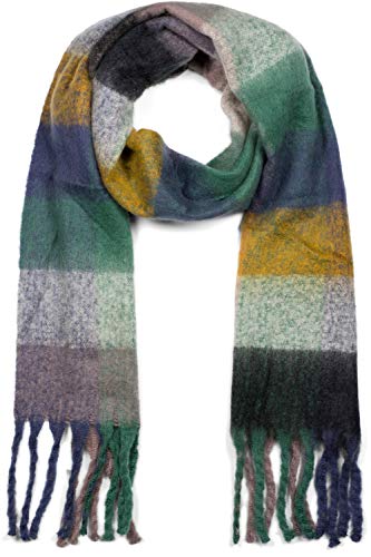styleBREAKER Damen Web Strickschal mit buntem Karo Muster und langen dicken Fransen, warmer Winter, Stola 01017138, Farbe:Blau-Curry-Grün von styleBREAKER