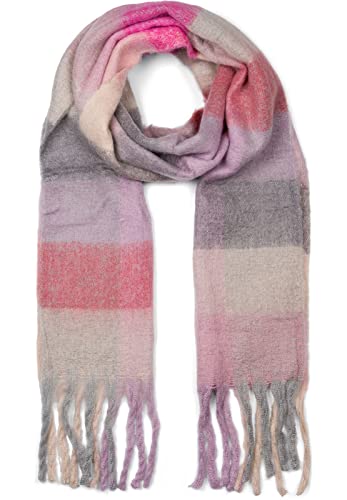 styleBREAKER Damen Web Strickschal mit buntem Karo Muster und langen dicken Fransen, warmer Winter, Stola 01017138, Farbe:Rose-Grau-Pink von styleBREAKER