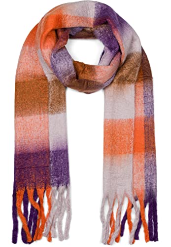 styleBREAKER Damen Web Strickschal mit buntem Karo Muster und langen dicken Fransen, warmer Winter, Stola 01017138, Farbe:Violett-Orange-Grau von styleBREAKER