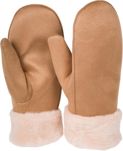 styleBREAKER Damen Winter Fäustlinge aus Veloursleder-Optik mit weichem Kunstfell-Bund - Warme Fausthandschuhe 09010048, Farbe:Camel von styleBREAKER
