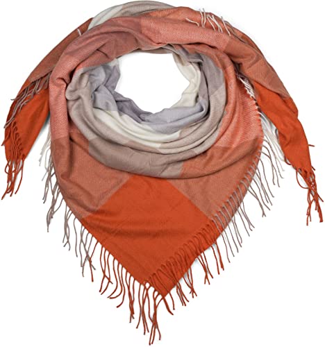 styleBREAKER Damen XXL Schal mit mehrfarbigem Karo Muster und Fransen, warmes Winter Tuch, Deckenschal 01017116, Farbe:Orange-Grau-Beige von styleBREAKER